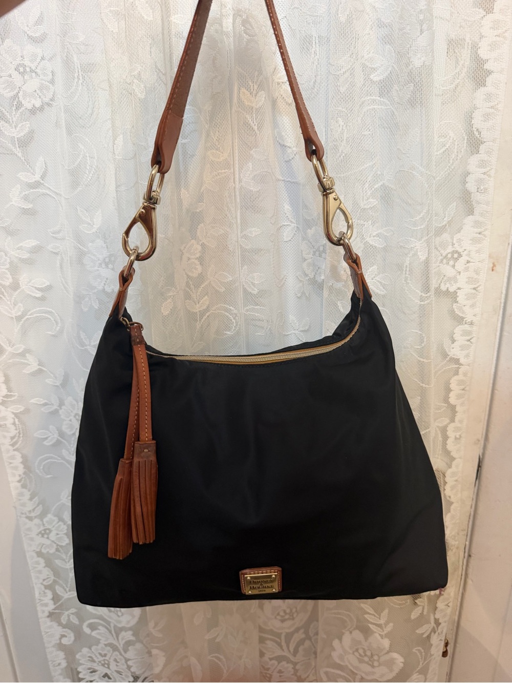 Women's Black Hobo Bag with Brown Trim